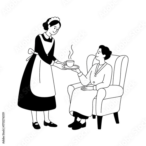 Minimalist black and white vector illustration of a maid serving hot tea to a seated woman in an armchair in Flat Line Art Style