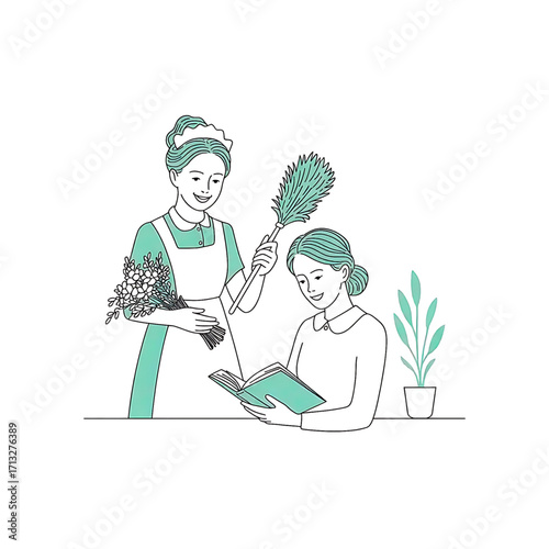 Minimalist Vector Illustration of Women with Flowers and Book in Flat Line Art Style
