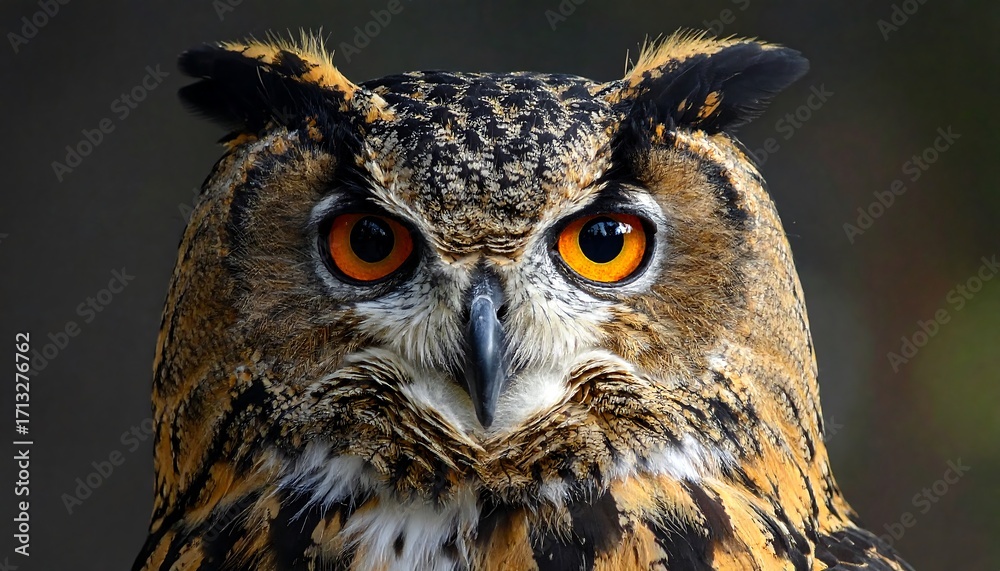 Fototapeta premium Close-up portrait of an owl's striking face, showcasing intricate plumage patterns and bright orange eyes against a dark background.