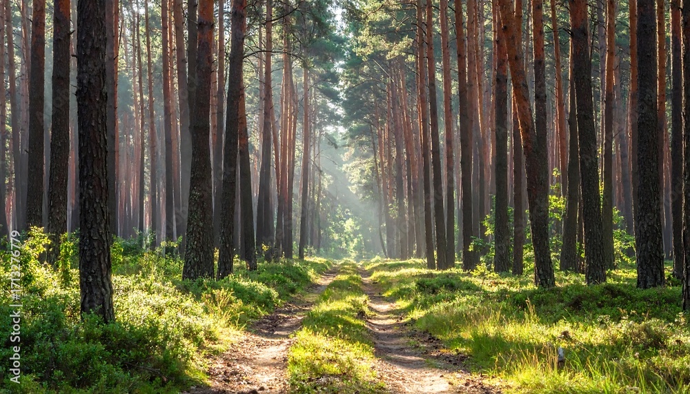 Naklejka premium A sun-drenched path winds through a dense pine forest, bathed in morning light.