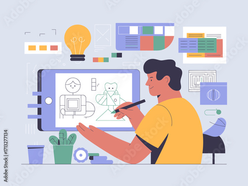 Creative designer sketching ideas on tablet for modern app interface and user experience project