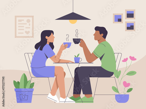 Couple enjoying coffee together at cafe, creating relaxing and intimate moment, modern flat illustration