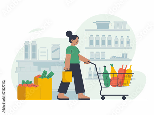 Woman shopping groceries with cart at supermarket for a healthy lifestyle and fresh food