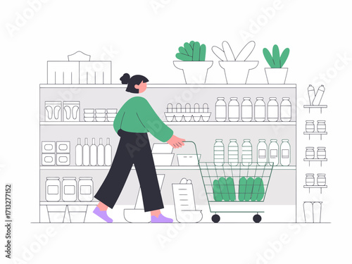 Woman shops for fresh produce at the grocery store pushing a shopping cart full of vegetables