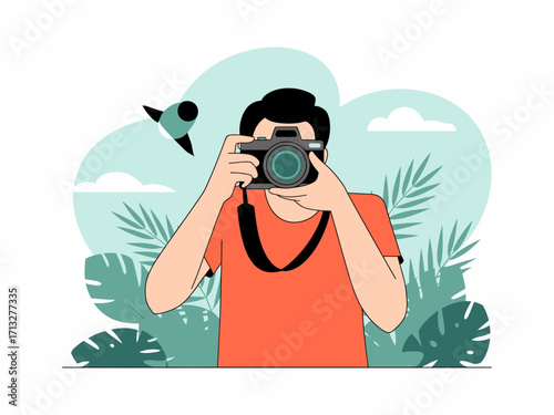 Creative photographer capturing stunning moments with professional camera amidst lush foliage and sky