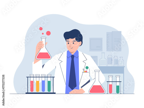 Confident scientist conducting experiment with colorful liquids in modern lab