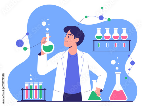 Dedicated scientist meticulously examines vibrant green liquid in flask, surrounded by lab equipment and molecular structures.