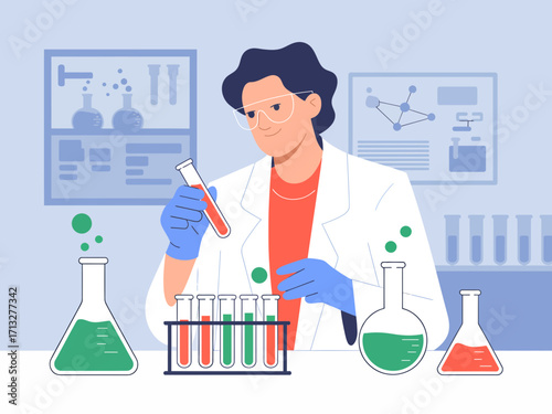 Dedicated scientist meticulously analyzing vibrant liquid in laboratory beaker for breakthrough discovery