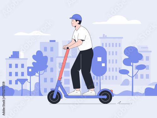 Modern man effortlessly riding electric scooter through urban cityscape, embracing sustainable city transport.