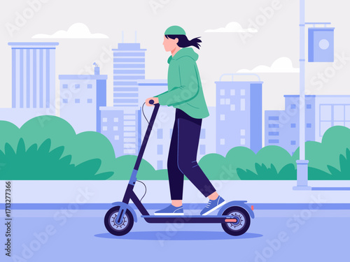 Modern woman glides through city streets on electric scooter, embracing urban mobility and freedom.