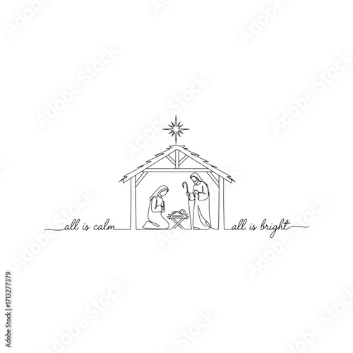 Minimalist Nativity scene with Holy Family, continuous one-line drawing. Religious Christmas illustration with Star of Bethlehem and text 'all is calm, all is bright'.
