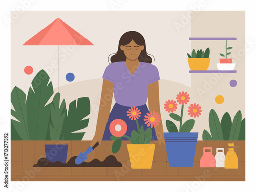 Woman tending vibrant potted flowers on sunny balcony, enjoying peaceful urban gardening hobby