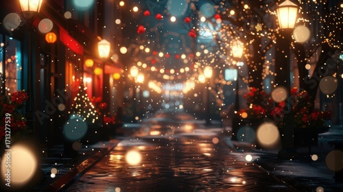 The Charming Night Street is Beautifully Decorated with Lights and Colorful Holiday Ornaments