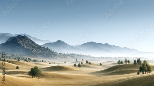 A wide shot of a desert area featuring sand dunes, scattered trees, and distant mountain ranges under a clear sky.