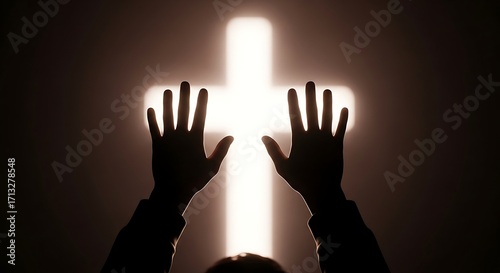 Worship Concept — Human Hands Raised in Praise Over a Blurred Cross Background, Symbolizing Faith, Devotion, and Spiritual Connection