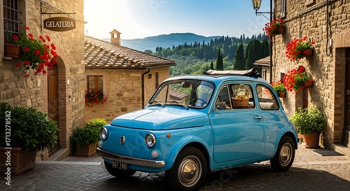 Charming Blue Fiat 500 in a Picturesque Italian Village.