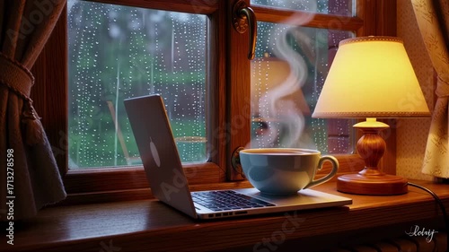 Laptop and coffee cup on windowsill with rainy window and lamp creating a cozy ambiance indoors