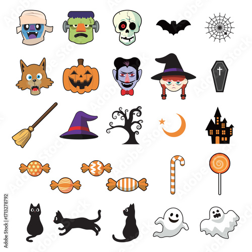 various Halloween characters and items such as a zombie and a ghost