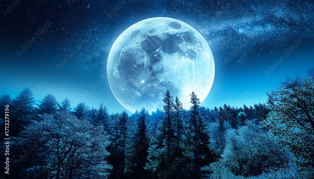 Naklejka premium Mystical Forest Landscape With Giant Glowing Moon Planet Rising Above Treetops Under Starlit Sky Generative Ai Fantasy World