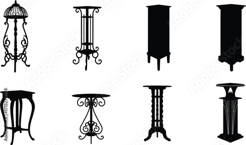 Antique tables collection, vintage furniture silhouettes, decorative pedestal designs, classic ornate stands, elegant interior elements, retro side tables vector illustration