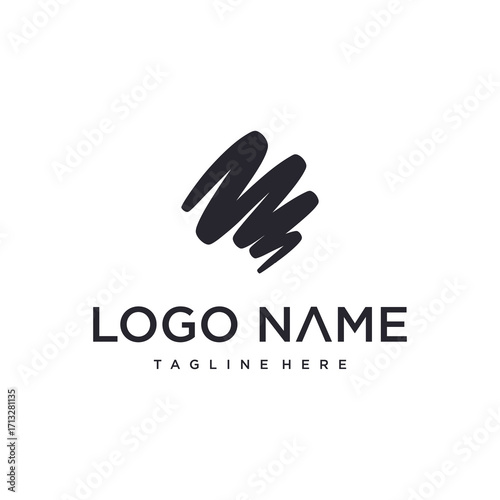 A dark gray scribble mark above the text "LOGO NAME" and "TAGLINE HERE".