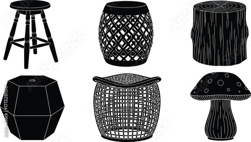 Collection of stools and seats, wooden stool silhouette, decorative ottoman, rustic log stool, wicker seat, mushroom stool design