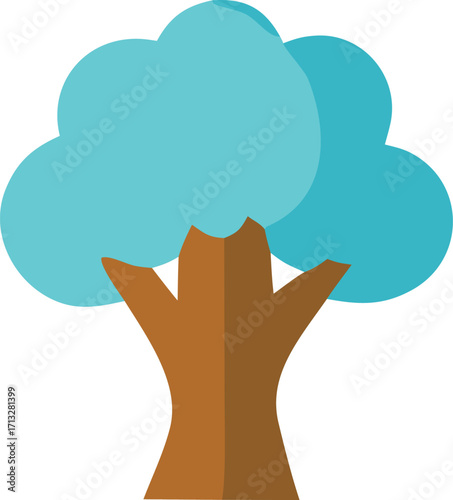 Stylized cyan tree with brown trunk simple nature graphic representing growth freshness and the environment for design
