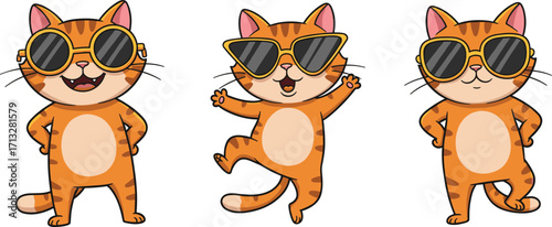Cool cartoon cats, wearing sunglasses, playful orange tabby characters, stylish feline illustration, fun poses, trendy eyewear, sunny vibes, cute animal vector art