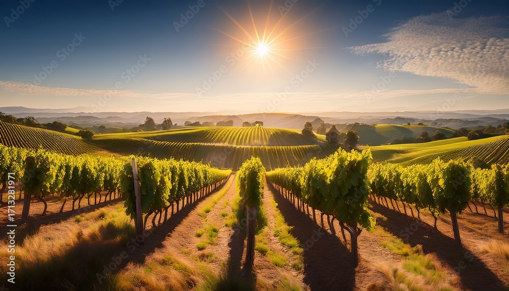 Naklejka premium A Sunlit Vineyard With Rows Of Grapevines Stretching Into The Distance Ai Generated Illustration