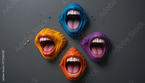 Four colorful, stylized mouths are open wide in a square formation on gray background
