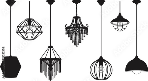 Modern pendant lights, chandelier silhouettes, hanging ceiling lamps, decorative home lighting fixtures, interior design elements, vector illustration, black elegant lamp designs