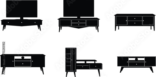 Modern TV cabinet, wooden sideboard, media console, storage furniture, home interior decor, vector silhouette, entertainment stand, drawers, cupboard, illustration