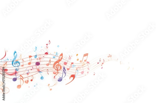 A minimalist design with abstract musical notes in bright blues, reds, and yellows on a white background.