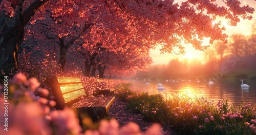 A Tranquil Cherry Blossom Sunset over the Serene Lake, Inspiring Peacefulness and Beauty