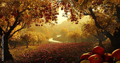 An Autumn Orchard Featuring Beautifully Lush Apple Trees Surrounded by a Serene Stream