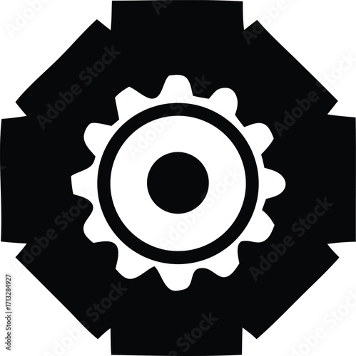 Abstract geometric cogwheel emblem design symbolizing industry engineering innovation and mechanical precision with a central gear and surrounding shapes