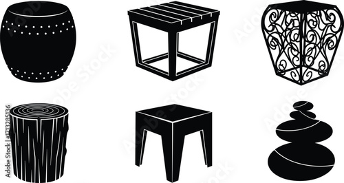 Set of modern stools, rustic log stools, decorative stone stools, stylish wooden furniture, unique ottoman designs, contemporary home decor seating elements
