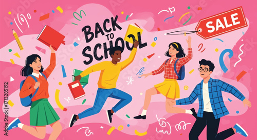 Adobe illustrator artwork vector illustration. Five diverse, energetic students celebrate "Back to School Sale" with school supplies and confetti on a vibrant pink background
