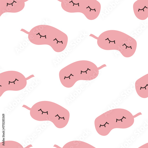 Vector seamless pattern with pink sleep masks with closed eyes. Great for self care projects, bedtime themes, sleep designs, packaging, textiles, kids prints, wrapping and cozy lifestyle decor