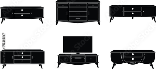 Wooden cabinet, TV stand, storage sideboard, modern console, furniture design, black silhouette, interior decor, drawers, home storage, vector illustration