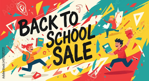 Adobe illustrator artwork vector illustration. Dynamic "Back to School Sale" banner with excited students jumping, surrounded by school supplies and abstract colorful shapes