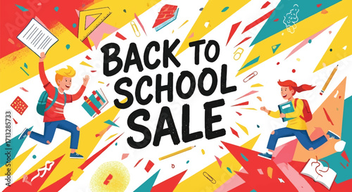 Adobe illustrator artwork vector illustration. Dynamic "Back to School Sale" banner with excited students jumping, surrounded by school supplies and abstract colorful shapes