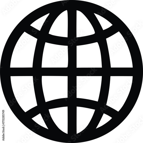 Simple black and white globe icon representing global network technology and worldwide communication symbolizing internet connectivity and international relations