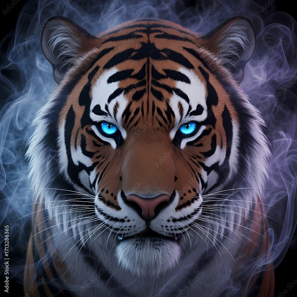 Fototapeta premium Majestic Tiger: Mystical Blue-Eyed Portrait