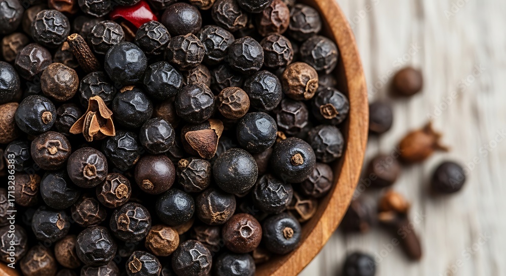 Obraz premium Dark peppercorns in wooden bowl on white background.