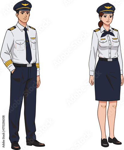 Airline pilots, male and female, professional uniform, captain rank, aviation crew, commercial flight, airline staff, aviation industry, travel concept, vector illustration
