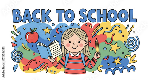 Adobe illustrator artwork vector illustration. A cheerful boy with a backpack, book, and pencil celebrates "Back to School" amidst abstract shapes, an apple, and confetti