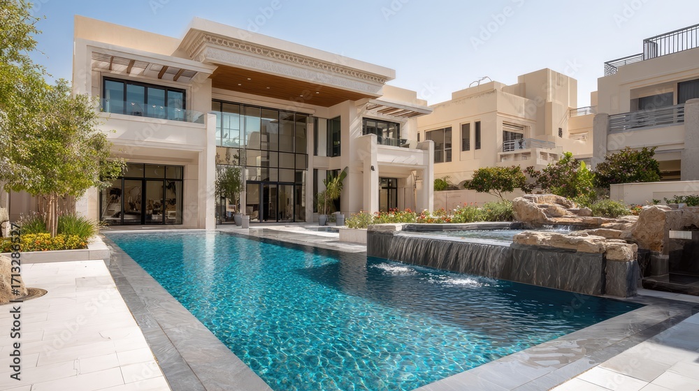 Fototapeta premium Luxurious modern villa with a stunning pool and waterfall in a sunny residential neighborhood