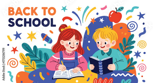 Adobe illustrator artwork vector illustration. Two happy children, a girl reading a book and a boy writing, celebrate "Back to School" amidst colorful abstract shapes and an apple