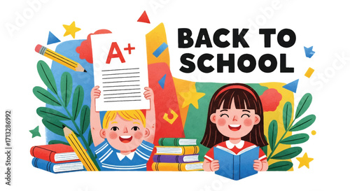 Adobe illustrator artwork vector illustration. Two happy children, one holding an "A+" paper and another reading a book, celebrate "Back to School" with educational elements